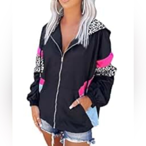Black Leopard Color Block Full Zip Hooded Jacket women’s Size Medium - Picture 2 of 8